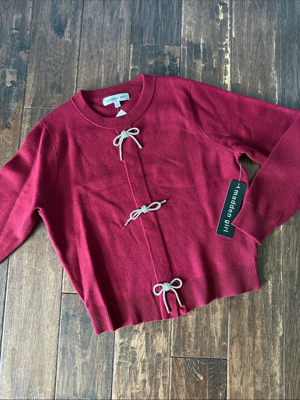 Madden Girl Red Crewneck Tie-Detail Sweater